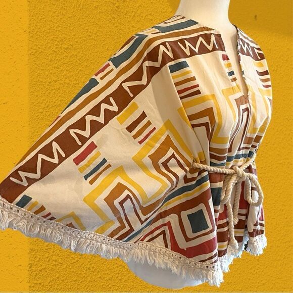 70s vintage true hippie cotton poncho with rope and fringe - Picture 2 of 11